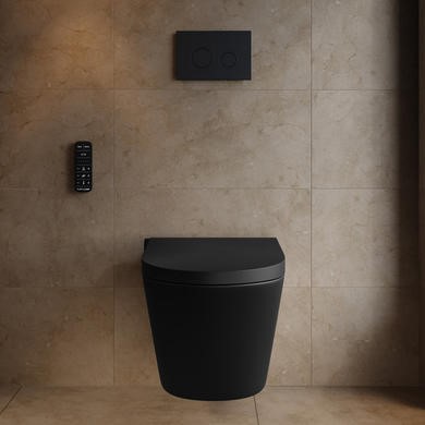Matt Black Wall Hung Smart Bidet Japanese Toilet & 1160mm Frame Cistern and Matt Black