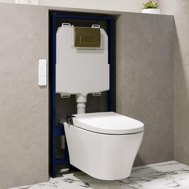 Wall Hung Smart Bidet Japanese Toilet with Heated Seat & 1160mm Frame Cistern and Brass