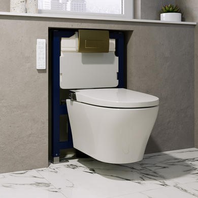 Wall Hung Smart Bidet Japanese Toilet with Heated Seat & 820mm Frame Cistern and Brass
