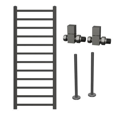 Gunmetal Grey Towel Radiator 1200 x 500mm with Pipe Kit and Straight Valves - Sonoran