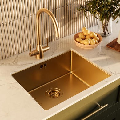 Single Bowl Brushed Brass Stainless Steel Undermount Kitchen Sink with Mixer Tap Set -