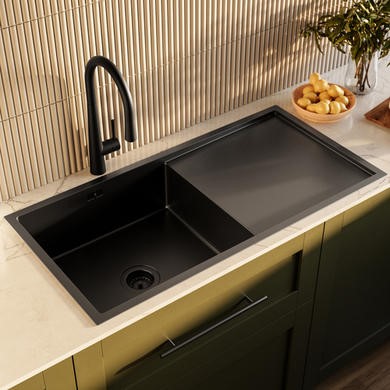 Single Bowl Black Stainless Steel Inset Kitchen Sink with Pull Out Mixer Tap Set - Enza