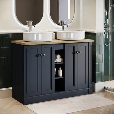 1200mm Blue Freestanding Double Countertop Vanity Unit with Basin and Wood Worktop -