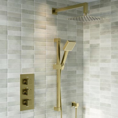 Brushed Brass 2 Outlet Wall Mounted Thermostatic Mixer Shower Set with Hand Shower -