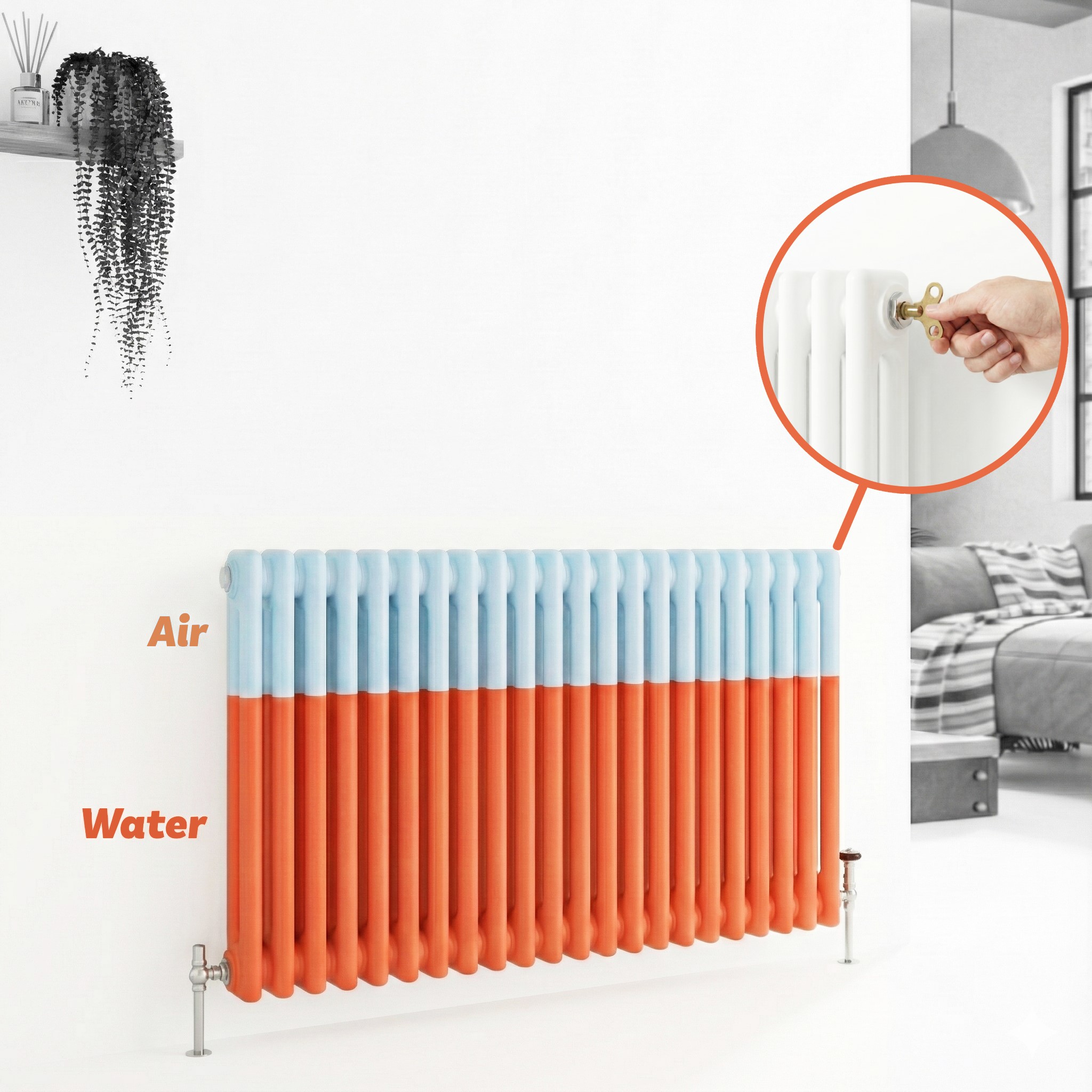 Illustration of how to bleed a radiator showing air and water separation
