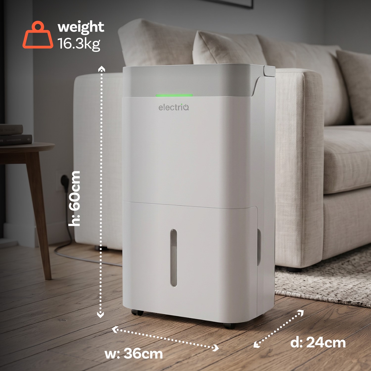 electriQ CD20LECOPLUS dimensions: 360mm wide, 234mm deep, 600mm high, 14.8kg.