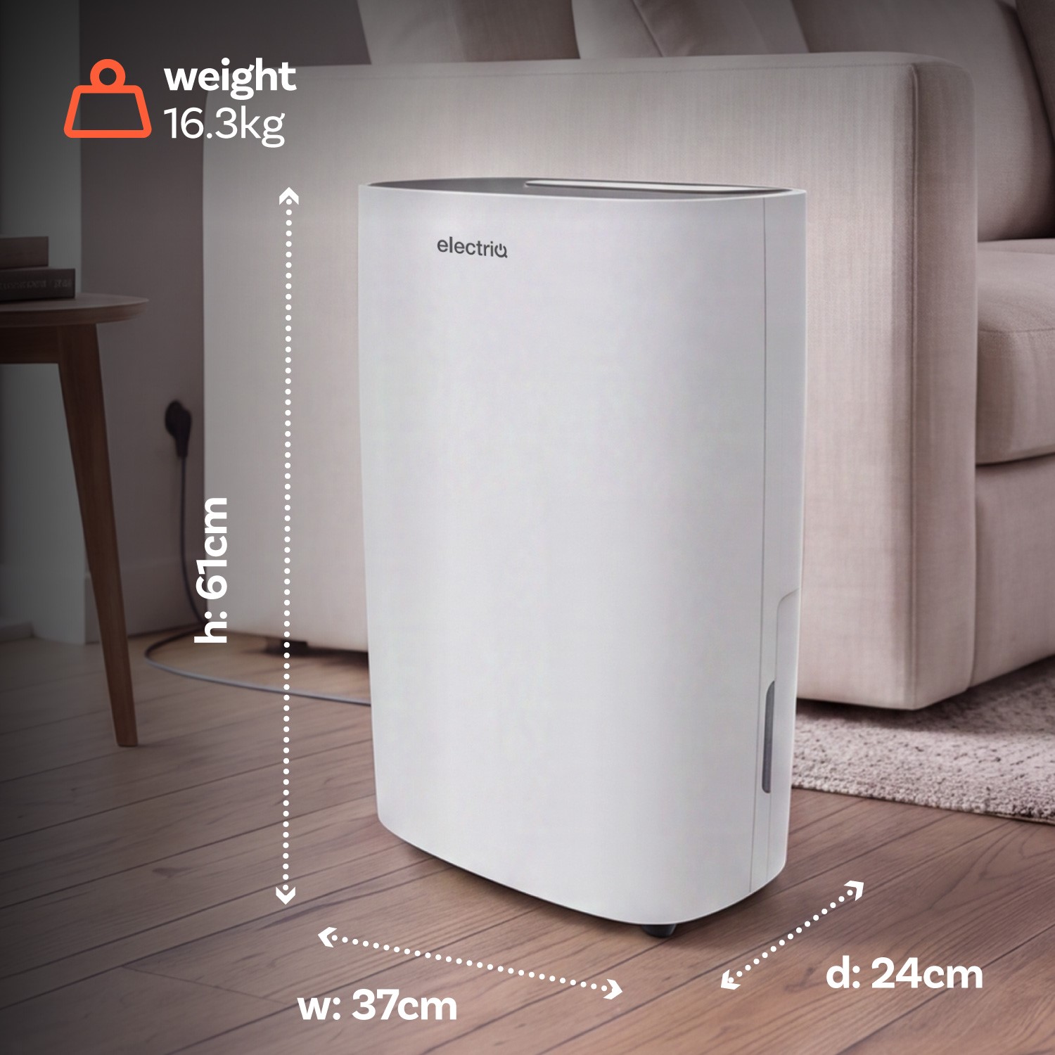 electriQ CD20LE-V5 dimensions: 370mm wide, 233mm deep, 608mm high, 14kg.