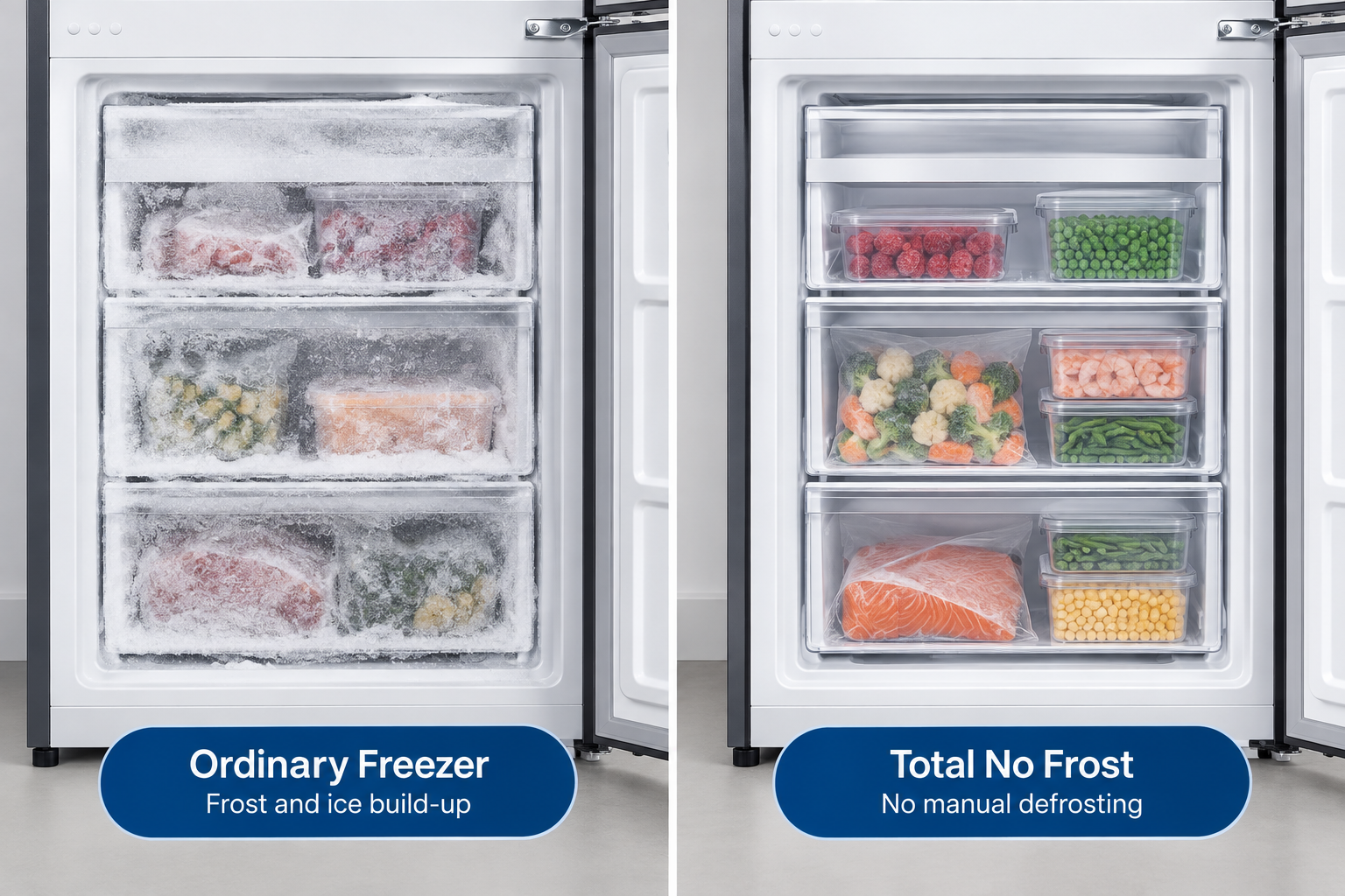 Comparison of an ordinary freezer with ice build-up and the DeSantii Total No Frost freezer