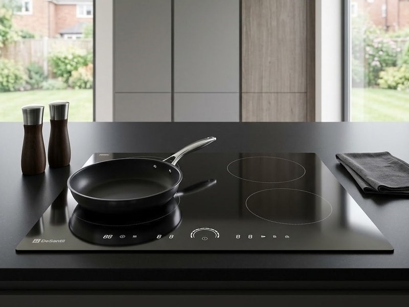 DeSantii induction hob on a kitchen island with a frying pan