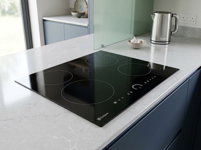 DeSantii 60cm induction hob in a pale kitchen with a kettle and glass splashback