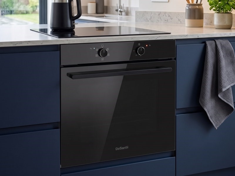 DeSantii 70 litre black built-in oven under a hob in a navy blue kitchen