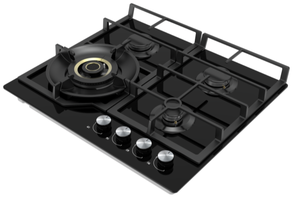electriQ 60cm 4 Burner Gas on Glass Hob with Rapid Wok Burner
