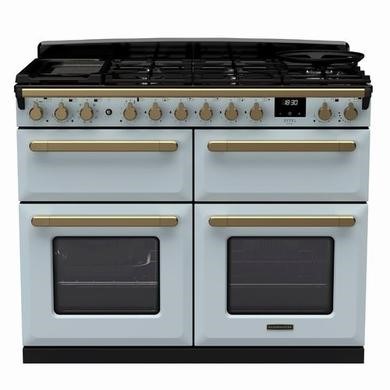 Rangemaster Estel Deluxe 110cm Dual Fuel Range Cooker - Misty Blue + Brass
