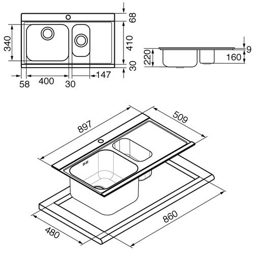 LI915SGS Iris sink dimensions