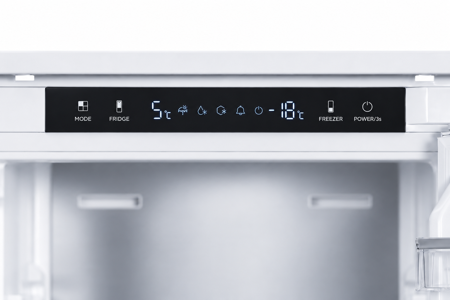 Electronic touch control panel inside the DeSantii integrated fridge freezer