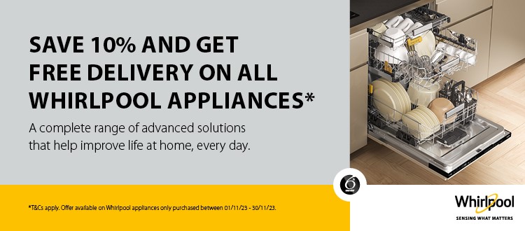 Extra 10% off and Free delivery on Whirlpool appliances.