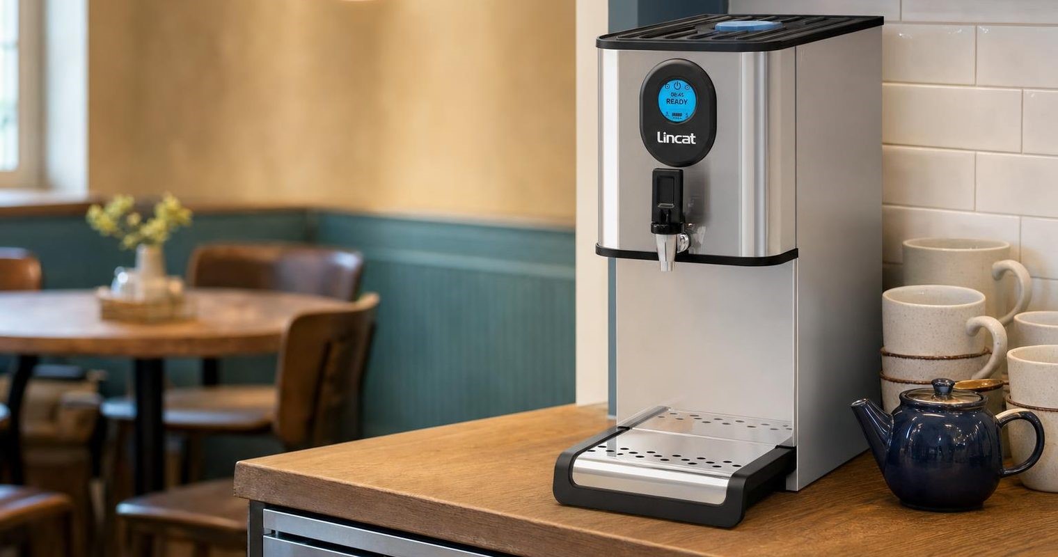 Countertop automatic water boiler on a café back counter