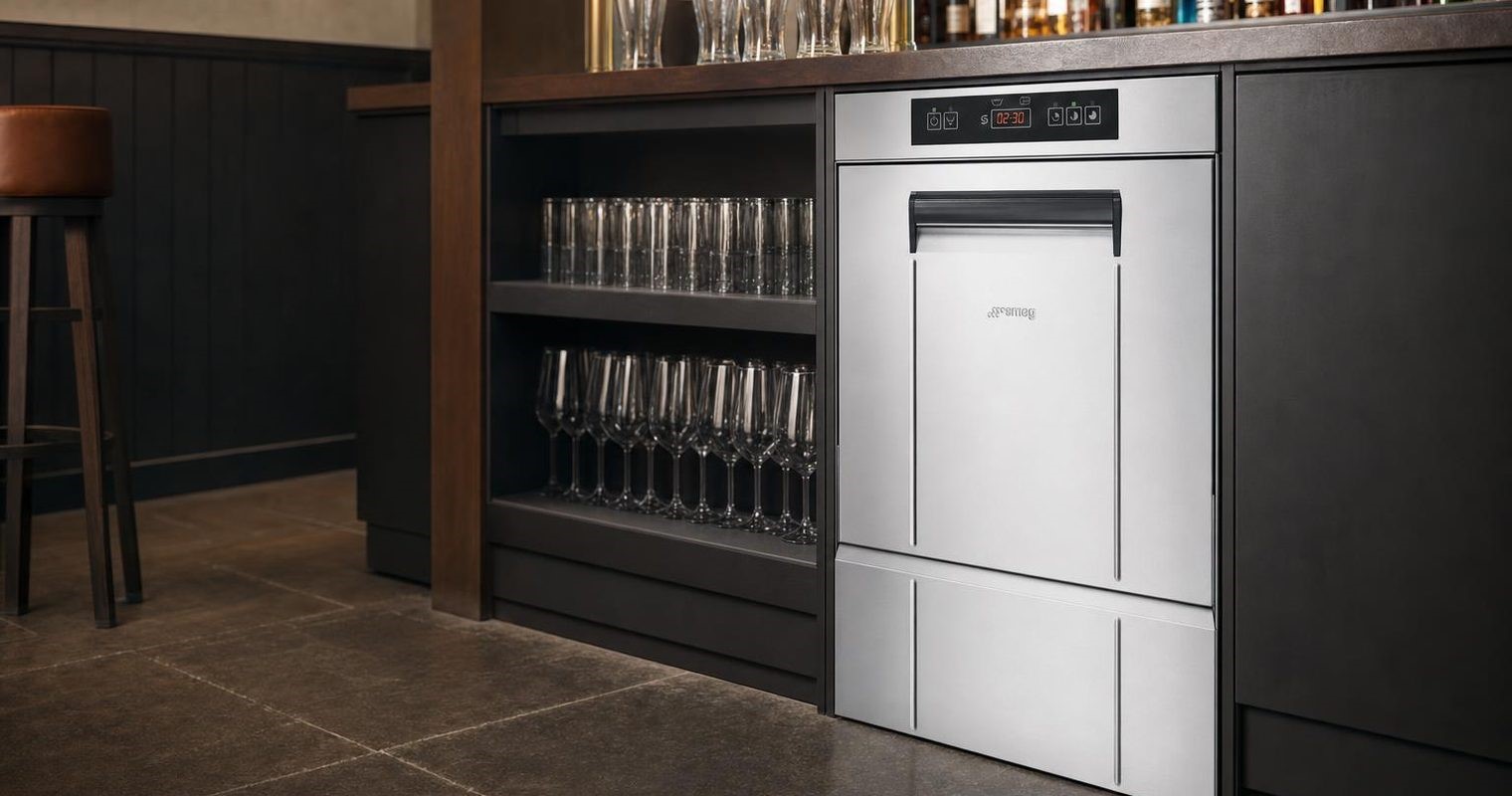 Undercounter glasswasher installed under a pub bar