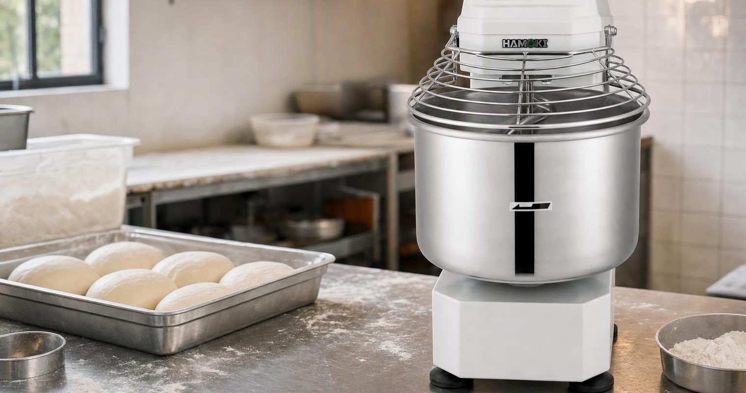 Spiral dough mixer on a stainless steel table in a pizzeria prep room