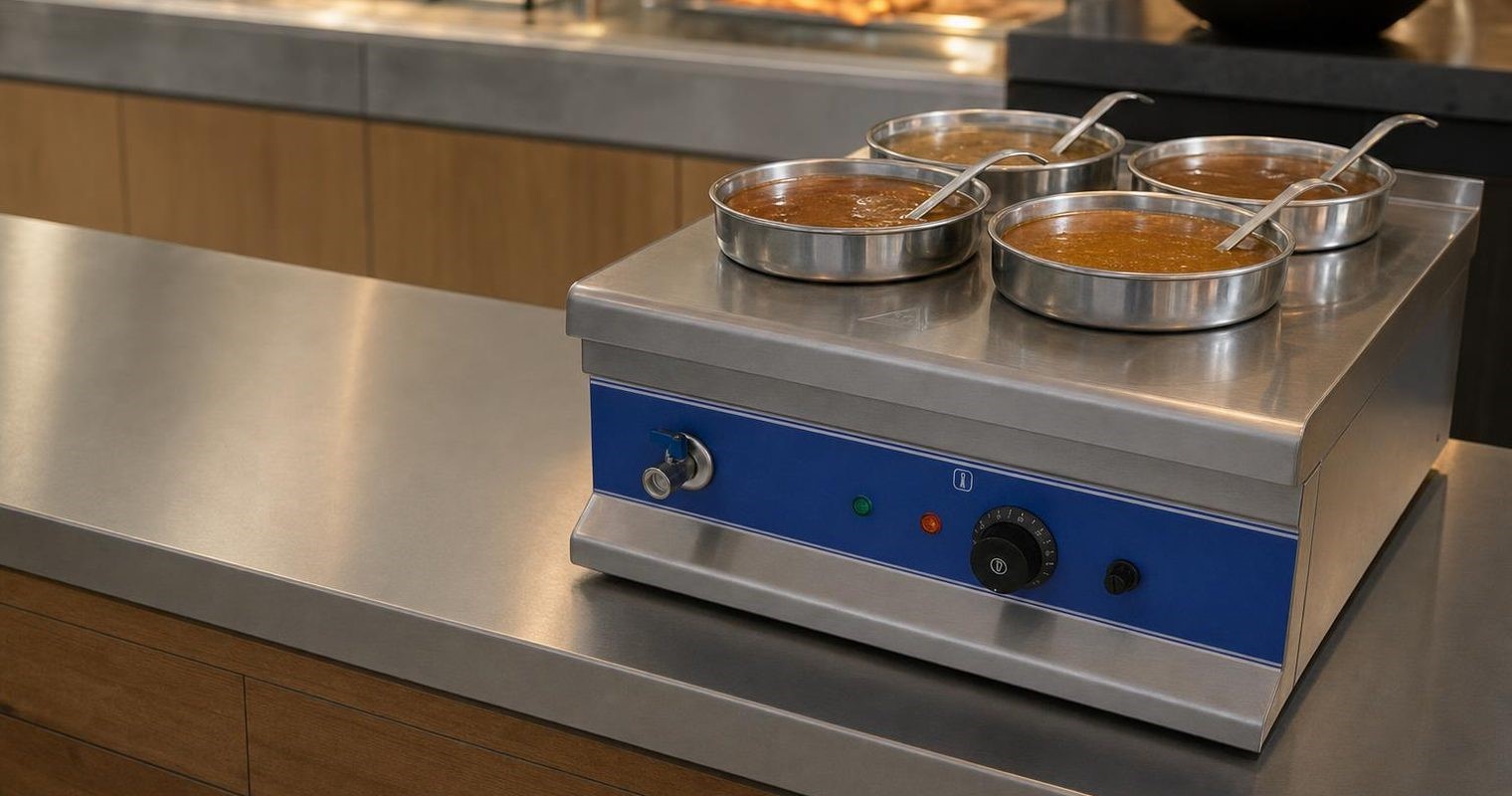 Bain marie with round pots on a servery counter