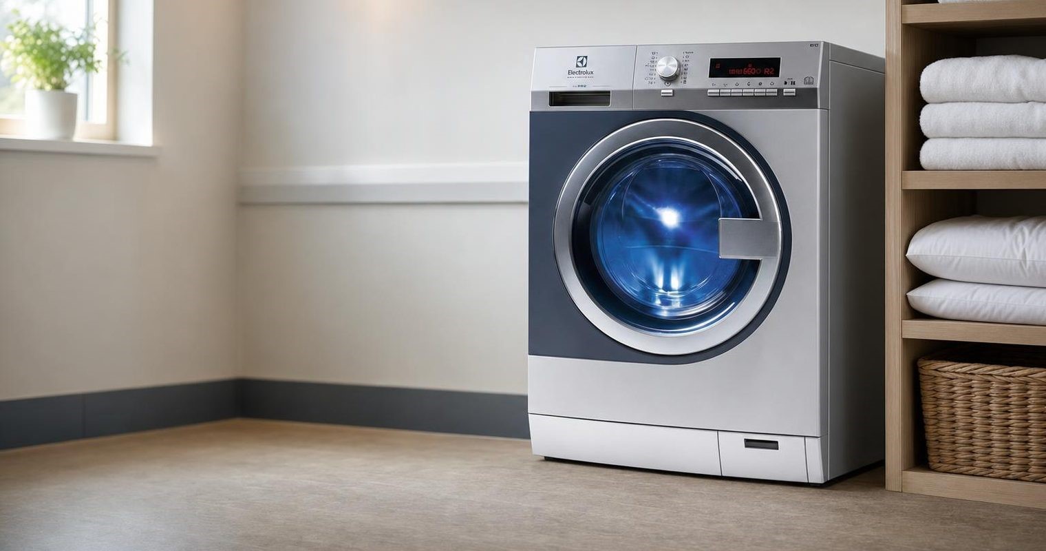 Commercial washing machine in a hotel laundry room
