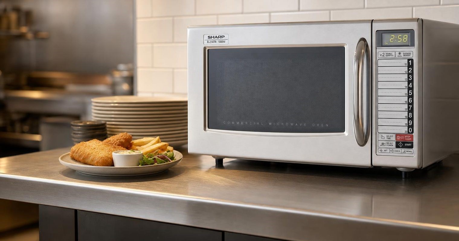 Commercial microwave on a stainless steel worktop