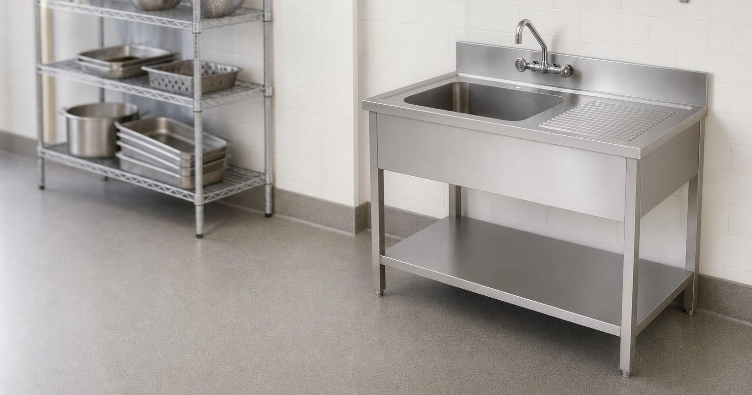 Stainless steel single bowl sink in a commercial kitchen