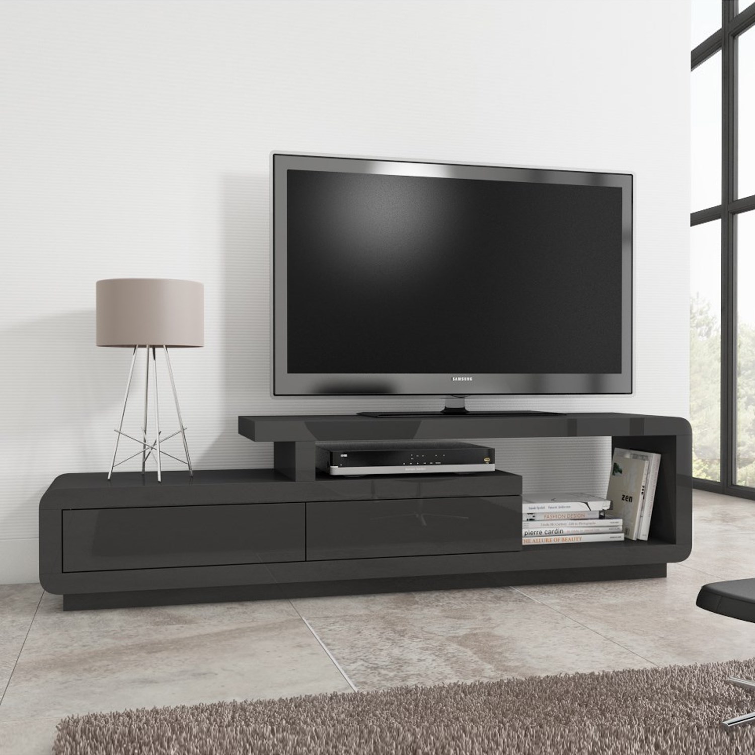 Evoque White High Gloss TV Stand with Grey Gloss Drawers